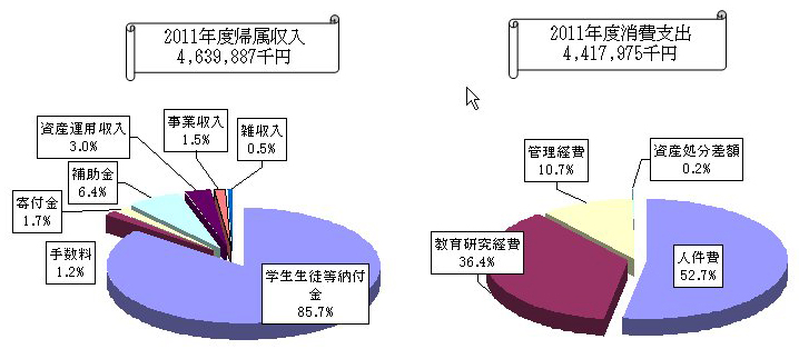 2011年帰属収入、消費支出　円グラフ