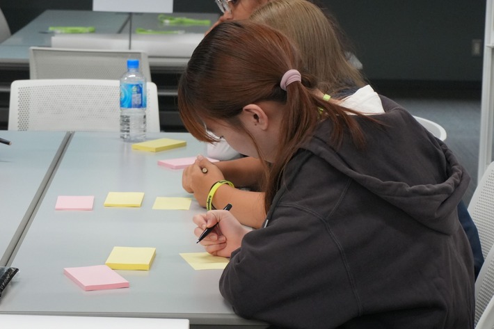 商品の特徴や価値について付箋に意見を書き出す学生